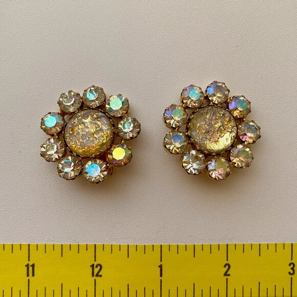 Vintage Dragon's Breath Opal Cab and AB Rhinestone Clip On Earrings - Picture 4 of 4